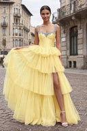 Yellow A Line Off the Shoulder Tulle Long Prom Dresses with Beading | KISSPROM