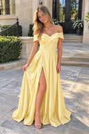 Yellow A-Line Prom Dresses Celebrity Style Dress Christmas Sleeveless Off The Shoulder Satin with Slit | KISSPROM