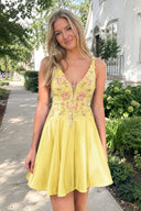 Yellow A Line Satin V Neck Sequined Homecoming Dresses with Appliques | KISSPROM
