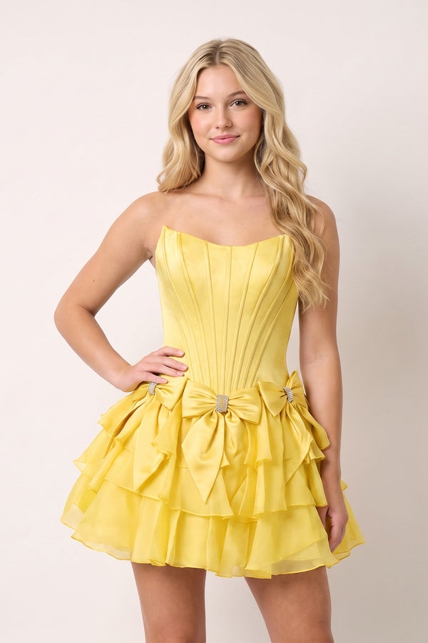 Yellow A Line Scoop Neck Ruffles Corset Homecoming Dresses with Bows | KISSPROM