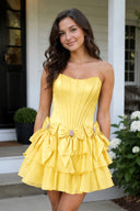 Yellow A Line Scoop Neck Ruffles Corset Homecoming Dresses with Bows | KISSPROM