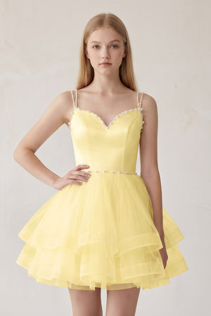 Yellow A-line Spaghetti Straps Tulle Short Homecoming Dresses | KISSPROM