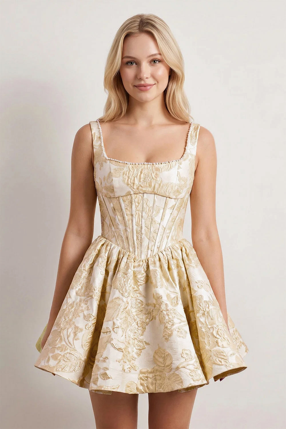 Yellow A-Line Square Neck Jacquard Corset Homecoming Dress With Pearl | KISSPROM