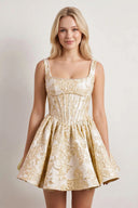 Yellow A-Line Square Neck Jacquard Corset Homecoming Dress With Pearl | KISSPROM