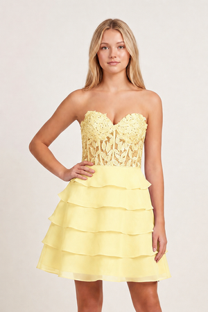 Yellow A-Line Strapless Tiered Corset Short Homecoming Dress with Appliques - KISSPROM
