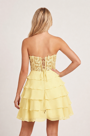 Yellow A-Line Strapless Tiered Corset Short Homecoming Dress with Appliques - KISSPROM