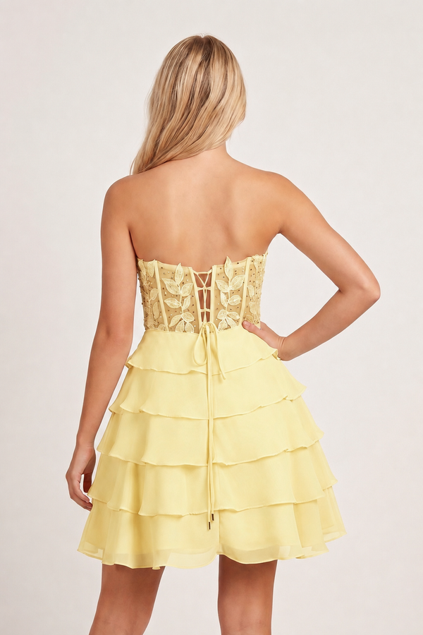 Yellow A-Line Strapless Tiered Corset Short Homecoming Dress with Appliques - KISSPROM