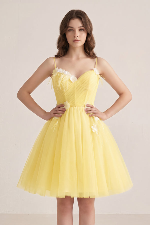 Yellow A Line Sweetheart Spaghetti Straps Tulle Short Homecoming Dresses | KISSPROM