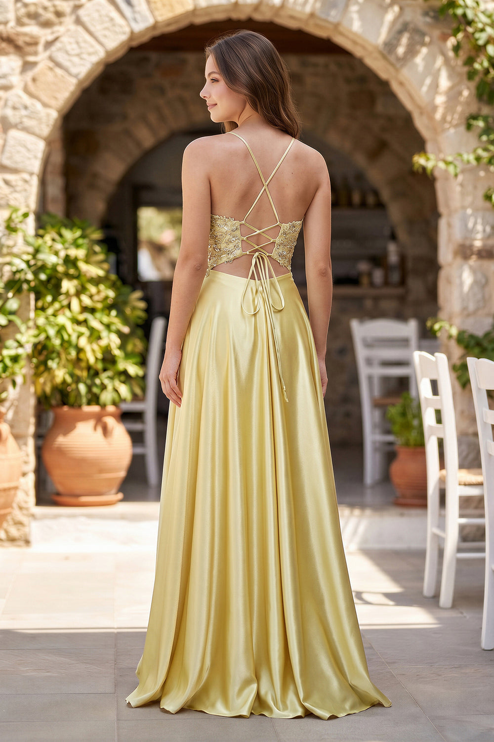 Yellow A-Line V-Neck Satin Prom Dress with Slit | KISSPROM