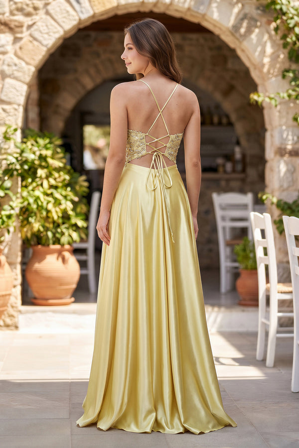 Yellow A-Line V-Neck Satin Prom Dress with Slit | KISSPROM