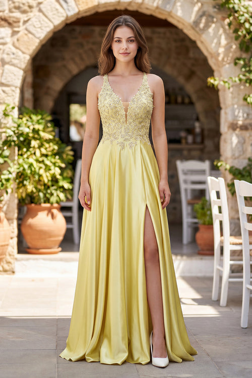 Yellow A-Line V-Neck Satin Prom Dress with Slit | KISSPROM