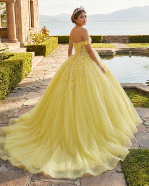 Yellow Ball-Gown Tulle 3D Flowers Sweetheart Quinceanera Dresses (2) | KISSPROM