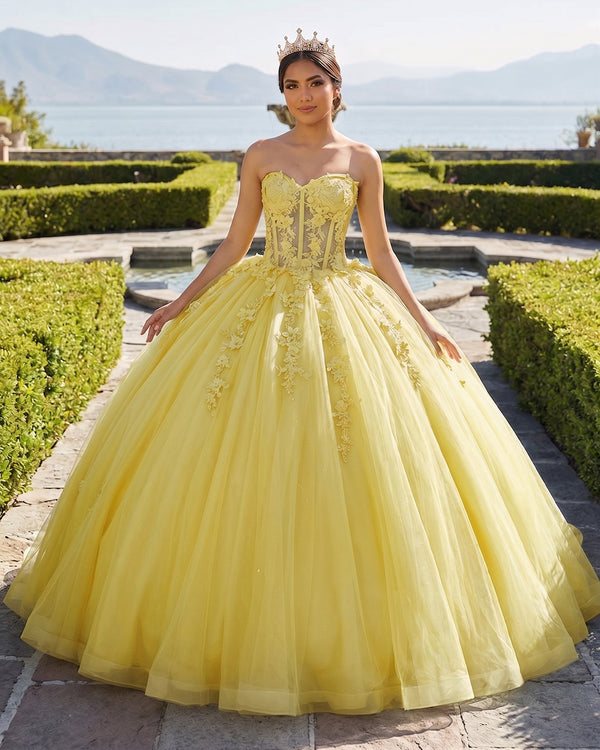 Yellow Ball-Gown Tulle 3D Flowers Sweetheart Quinceanera Dresses | KISSPROM