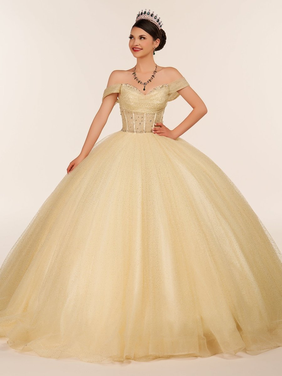 Yellow Ball Gown Tulle Off - the - Shoulder Quincenara Dresses - KissProm
