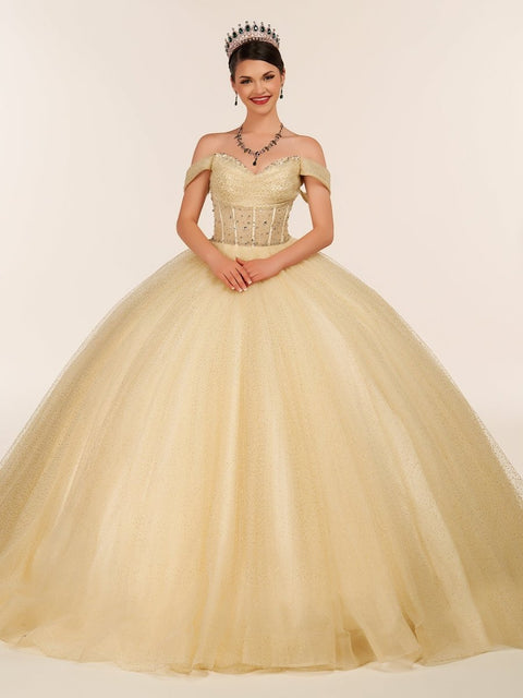 Yellow Sequins Ball Gown Off-The-Shoulder Evening Dress