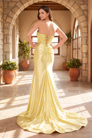 Yellow Beaded Strapless Applique Formal Dress with Slit (2) | KISSPROM