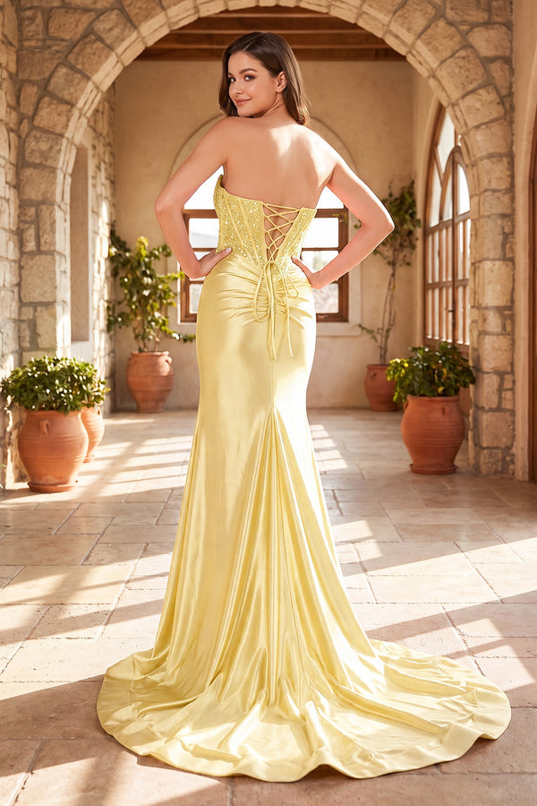 Yellow Beaded Strapless Applique Formal Dress with Slit (2) | KISSPROM