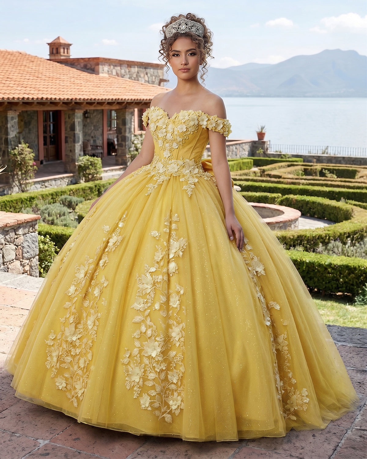 Big Bow Floral Flower Lace Applique Off Shoulder Ball Gown Quinceanera Big Bow Floral Flower Lace Applique Off Shoulder Ball Gown Quinceanera