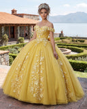 Big Bow Floral Flower Lace Applique Off Shoulder Ball Gown Quinceanera Dresses - KissProm