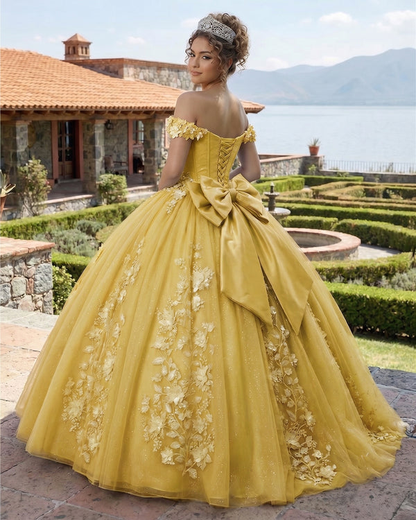 KissProm Big Bow Floral Flower Lace Applique Off Shoulder Ball Gown Quinceanera Dresses, Yellow / 16