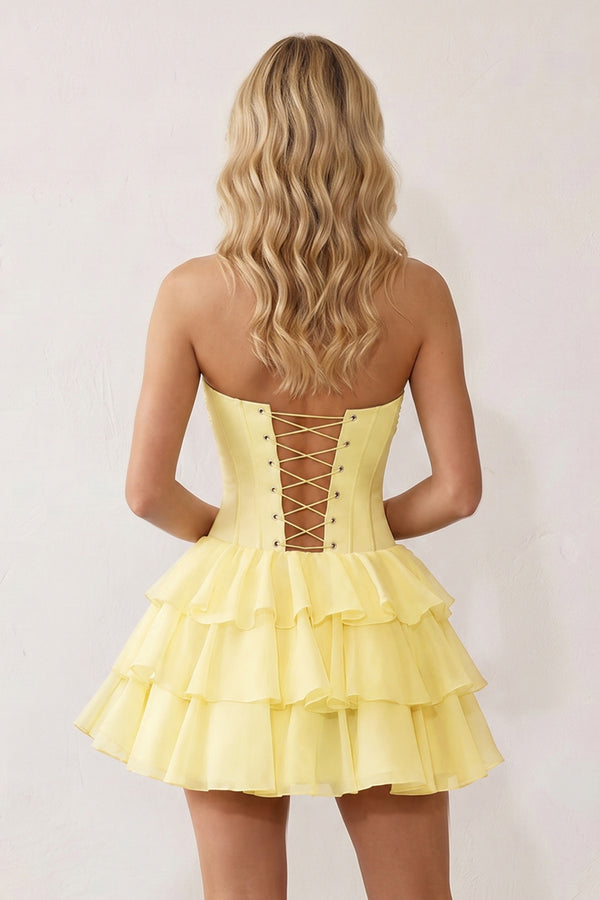 Yellow 3D-Flower Sweetheart Cut-Out Ruffled A-Line Satin Homecoming Dress - KISSPROM