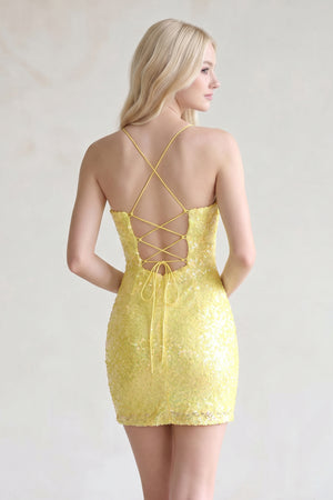 Yellow Bodycon Deep V Neck Sequins Mini Homecoming Dresses (2) | KISSPROM