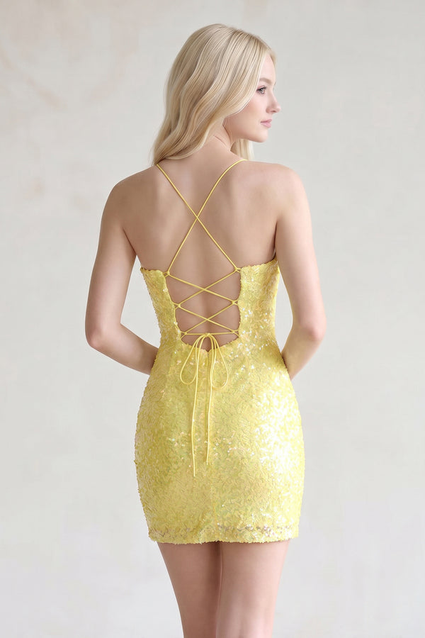 Yellow Bodycon Deep V Neck Sequins Mini Homecoming Dresses (2) | KISSPROM
