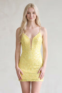 Yellow Bodycon Deep V Neck Sequins Mini Homecoming Dresses | KISSPROM
