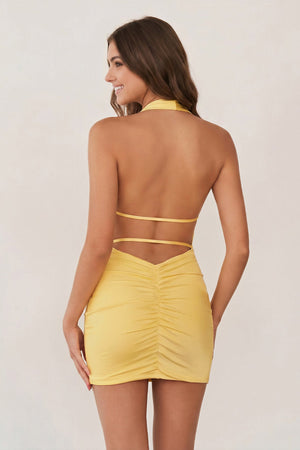 Yellow Bodycon Satin Halter Short Homecoming Dresses-KISSPROM