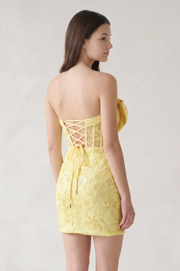 Yellow Bodycon Sequined Lace Strapless Corset Homecoming Dresses with Bow | KISSPROM