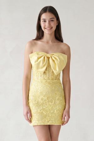 Yellow Bodycon Sequined Lace Strapless Corset Homecoming Dresses with Bow | KISSPROM