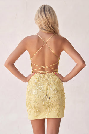 Yellow Bodycon Spaghetti Straps Sequined Mini Party Dresses with Lace Appliques (2) | KISSPROM