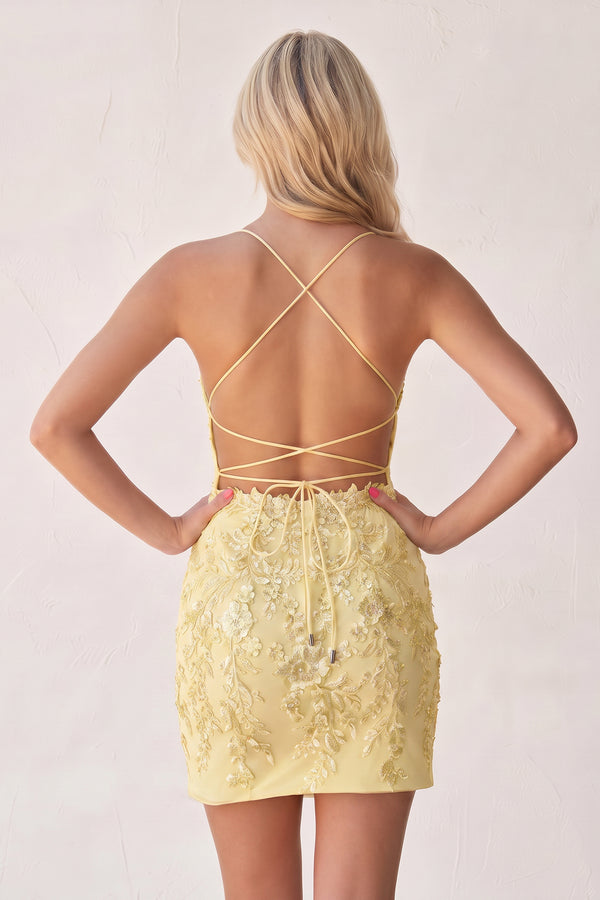 Yellow Bodycon Spaghetti Straps Sequined Mini Party Dresses with Lace Appliques (2) | KISSPROM