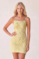 Yellow Bodycon Spaghetti Straps Sequined Mini Party Dresses with Lace Appliques | KISSPROM