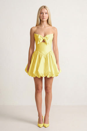 Yellow Bowknot Sweetheart Bubble Hem A-Line Satin Homecoming Dress - KISSPROM