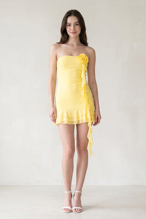 Yellow Chiffon 3D Flower Homecoming Dress With Ribbon - KISSPROM