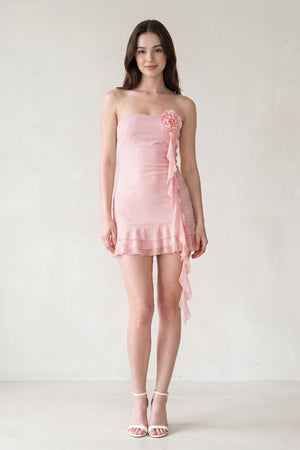 Pink Chiffon 3D Flower Homecoming Dress With Ribbon | KISSPROM