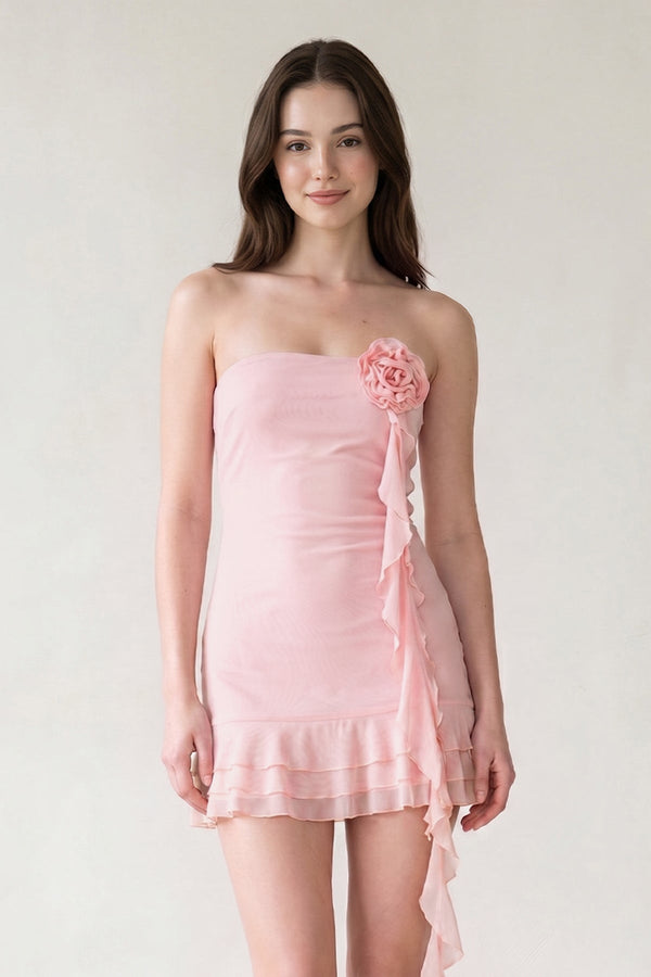 Pink Chiffon 3D Flower Homecoming Dress With Ribbon | KISSPROM