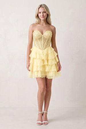 Yellow Coral Pink Sweetheart Tiered Ruffled A-Line Corset Chiffon Homecoming Dress (2) | KISSPROM