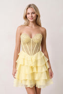 Yellow Coral Pink Sweetheart Tiered Ruffled A-Line Corset Chiffon Homecoming Dress | KISSPROM