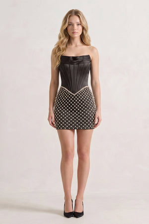 Black Corset Strapless Sheath Satin Homecoming Dress With Pearl - KISSPROM
