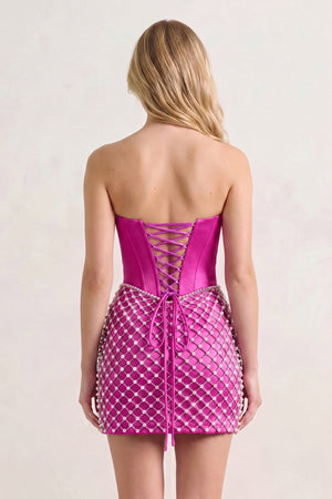 Fuchsia Corset Strapless Sheath Satin Homecoming Dress With Pearl (2) | KISSPROM