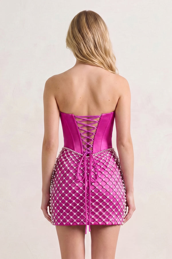 Fuchsia Corset Strapless Sheath Satin Homecoming Dress With Pearl (2) | KISSPROM