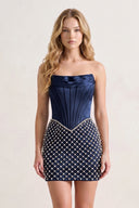Navy Blue Corset Strapless Sheath Satin Homecoming Dress With Pearl | KISSPROM
