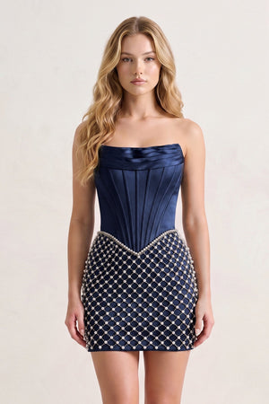 Navy Blue Corset Strapless Sheath Satin Homecoming Dress With Pearl | KISSPROM