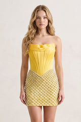 Yellow Corset Strapless Sheath Satin Homecoming Dress With Pearl - KISSPROM