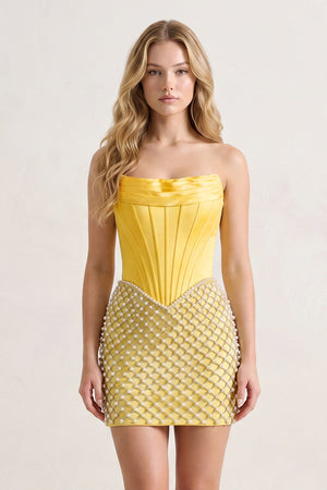 Yellow Corset Strapless Sheath Satin Homecoming Dress With Pearl - KISSPROM
