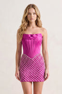 Fuchsia Corset Strapless Sheath Satin Homecoming Dress With Pearl | KISSPROM