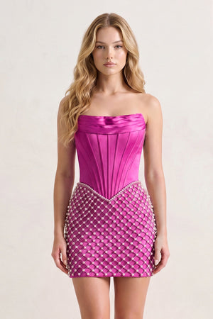 Fuchsia Corset Strapless Sheath Satin Homecoming Dress With Pearl | KISSPROM