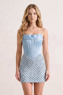 Sky Blue Corset Strapless Sheath Satin Homecoming Dress With Pearl | KISSPROM